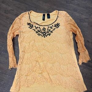 Bootique Lace Blouse in Soft Peach with Black Accents
